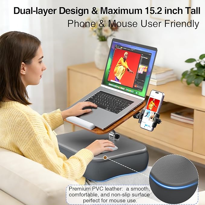 Height & Angle Adjustable Laptop Lap Desk, Laptop Desk with Cushion, Fits up to 16 inch Laptops & Tablet, Bean Bag Pillow Stand, Lap Desks for Home, Office, Bed, Couch, Desk, Car and Recline