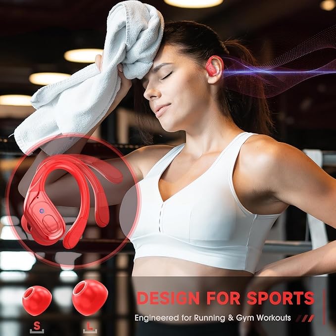 sajawass Wireless Earbuds Headphones Bluetooth 5.4, Noise Canceling Ear Buds with 75hr Playtime, IPX7 Waterproof Earphones Over-Ear Earphones for Sports/Workouts, LED Power Display - Red