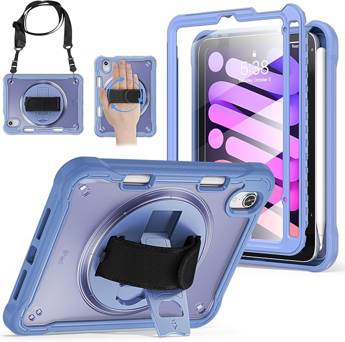 BRAECNstock Case for iPad mini 7 (A17 pro) 2024 & Mini 6 2021 8.3-inch,Shockproof Protective Cover with Pencil Holder,Screen Protector,360° Rotating Hand Strap/Stand- Lavender Grey
