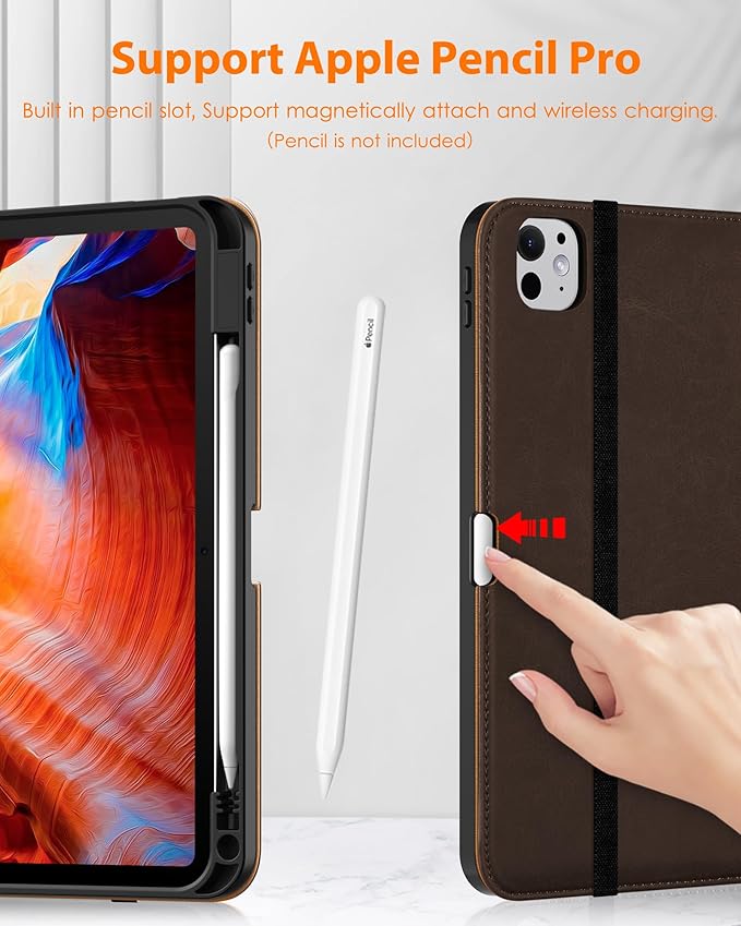 DTTO for iPad Pro 11 inch Case (M5/M4) 2025/2024, Premium Leather Business Folio Stand Cover with Pencil Holder - Auto Wake/Sleep and Multiple Viewing Angles, Dark Brown