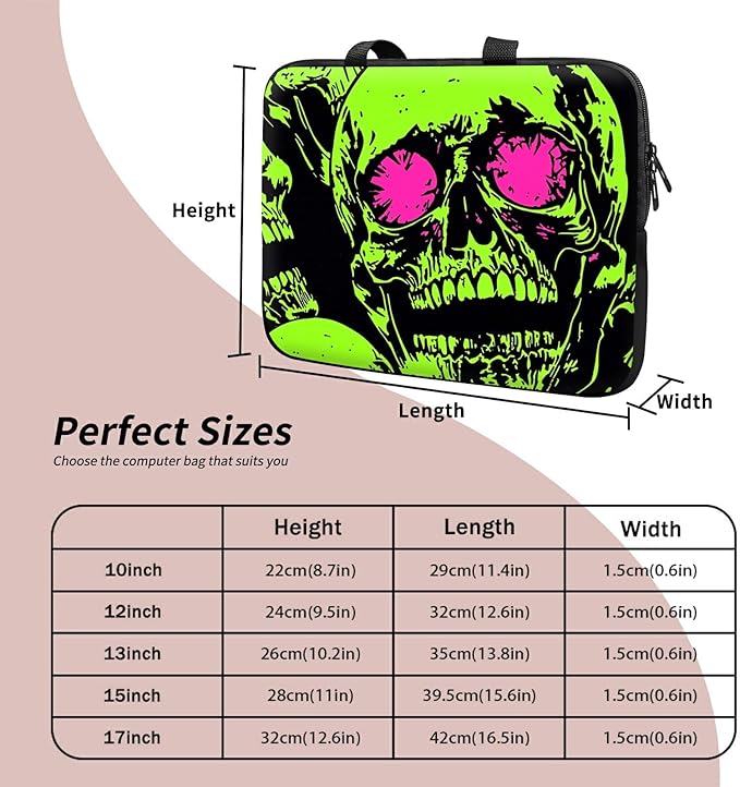 Universal Laptop Sleeve Case 12 inch, Neon Green Skull Slim Carrying Case Handbag Travel Laptop Bag for Surface Pro 9 8 7/Laptop Go 2 3, MacBook Air 11/12