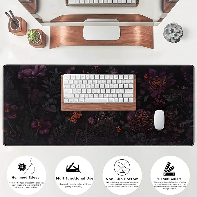 Dark Cottagecore Desk Mat Black Purple Flower XL Mouse Pad Large Gaming Mousepad Extended Vintage Aesthetic Desk Pad Keyboard Mouse Mat 31.5 x 11.8 in for Work Game Office Decor