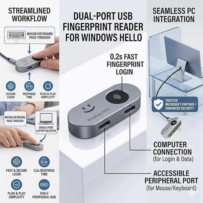 Portable USB Fingerprint Reader for Windows 10/11 PC and Laptops, Windows Hello Biometric Scanner, 360° Touch, Fast Login (<1 Second), Type-C Fingerprint Reader with Security Key.