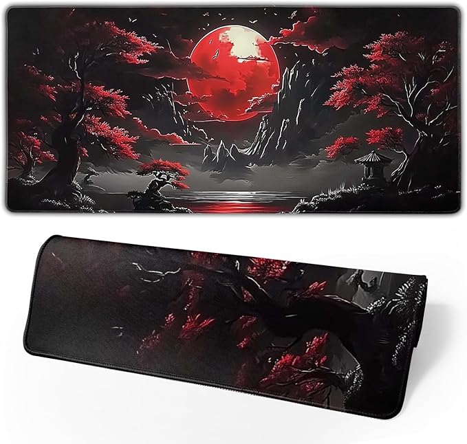 Riverside Full Moon Desk Mat Japanese Desk Pad Mouse Pad Extended Large XL Keyboard Pad 31.5"x11.8" Anime Gaming Mousepad Keyboard Full Desk Mat with Non-Slip Rubber Base Stitched Edge for Home Office