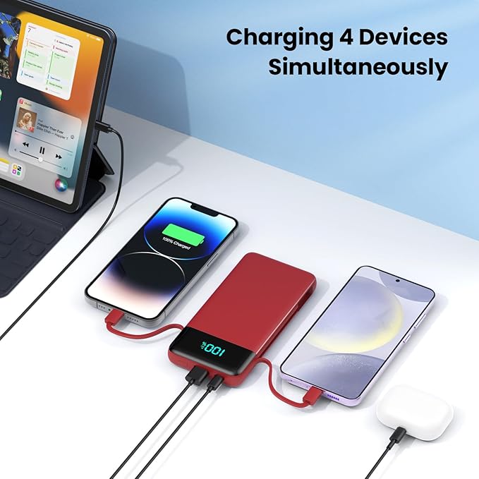 Portable Charger for iPhone,13800mAh Slim Power Bank with Built-in Cables & AC Wall Plug,All in One 4 Outputs USB C Fast Charging Battery Pack Travel Essential for iPhone 17/16/15/14,Android (Red)