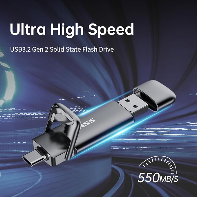 SSK 128GB Dual USB C Flash Drive,2-in-1 Type C+ USB A 3.2 Gen2 Solid State Thumb Drive,Speed Up to 550MB/s Memory Stick Data Storage for iPhone 15,Thunderbolt 3, Android Phone,Tablet,Laptop