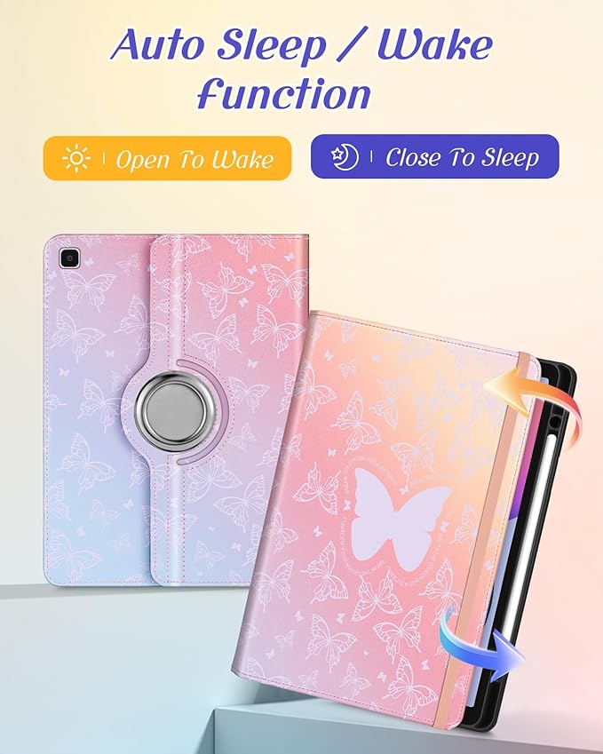 Kidcube for Samsung Galaxy Tab S6 Lite Case 10.4 Inch 2024/2022/2020 - Women Girls Cute Rotating Stand Folio Cover with Pencil Holder & Card Slot Girly Kawaii Butterfly Design Cases for Tab S6 Lite