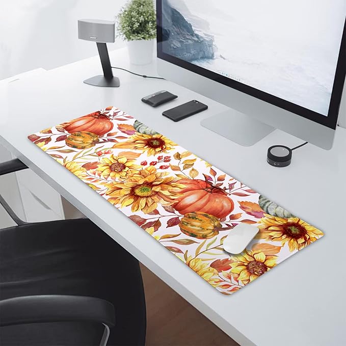 Fall Pumpkin Sunflowers Mouse Pad XL Watercolor Retro Autumn Leaves Floral Extended Desk Mat Non-Slip Rubber Base Stitched Edge Large XL Thanksgiving Mousepad for Desk Gaming Laptop,31.5×11.8 in