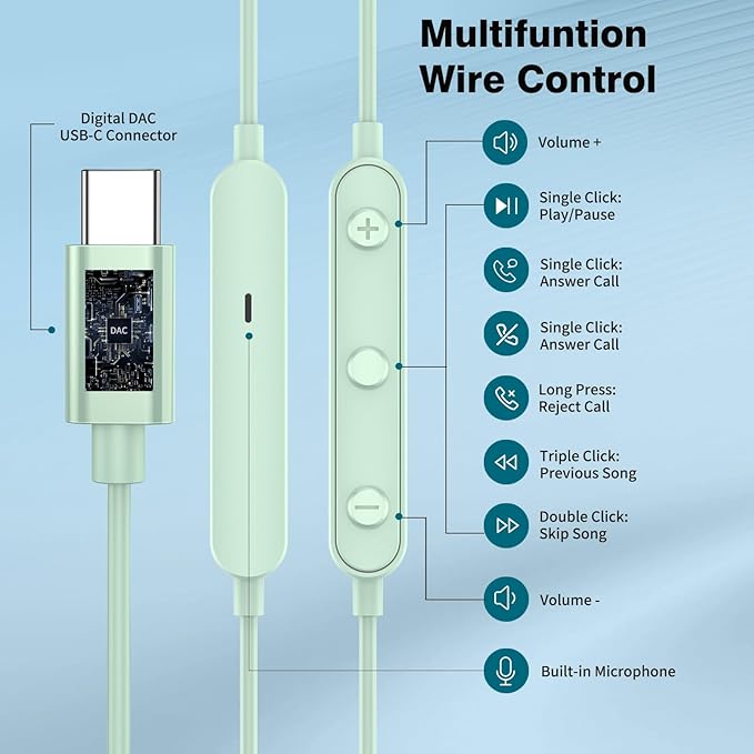 APETOO USB C Headphones for iPhone 17 16 15 Plus iPad 10th Wired Earbuds for Samsung S26 S25 S24 S23 S22 Magnetic Noise Canceling in-Ear Type C Earphones with Mic Volume Control for Pixel 9 8 7, Mint