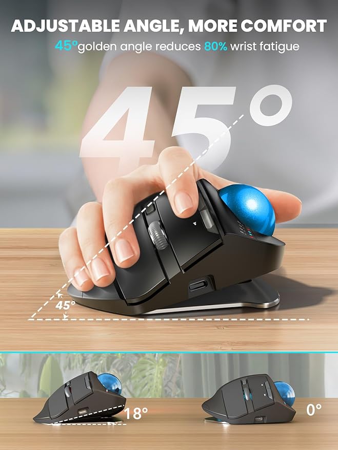 MAM1 Pro Wireless Trackball Mouse, Ergonomic Bluetooth Rechargeable Computer Mouse, Backlit Rollerball Thumb mice with 5 Level DPI, Adjustable Angle, 3 Devices Connection for PC, Windows - Blue Ball