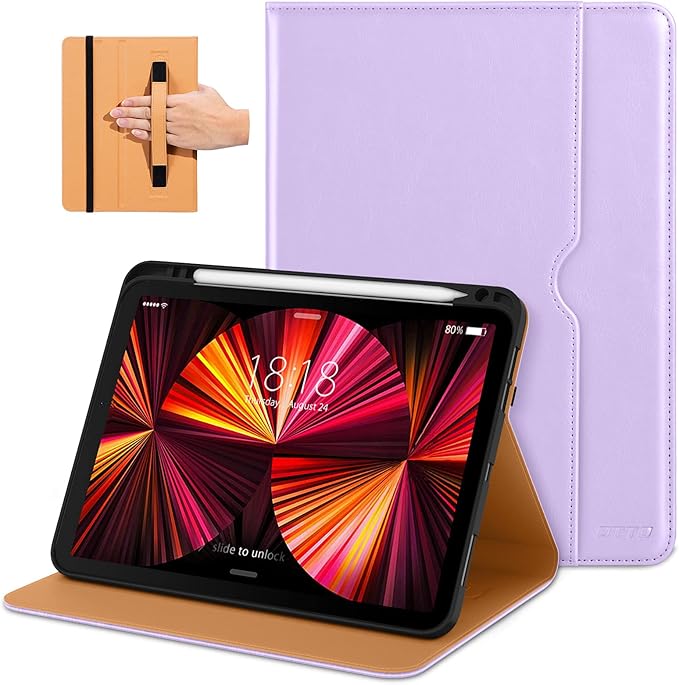 DTTO Case for iPad Pro 11 Inch 4th / 3rd / 2nd / 1st Generation 2022/2021/2020/2018,Premium PU Leather Folio Stand Cover with Hand Strap, Auto Wake/Sleep,Multiple Viewing Angles, Lavender