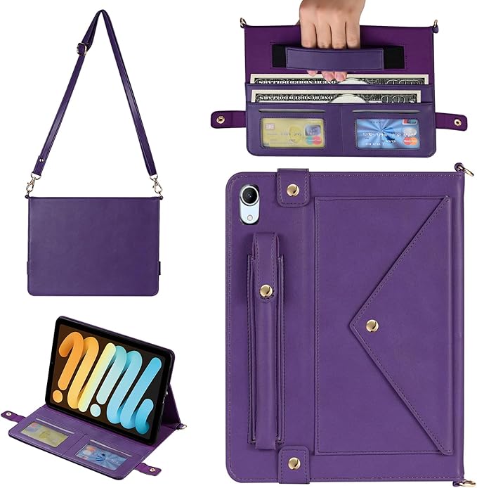 Handbag Case for iPad mini 2024/2021 8.3", Techcircle Folio Stand PU Leather Crossbody iPad mini 6th/7th Gen Cover with Pencil Holder+Card Slots Wallet Case with Shoulder Strap+Hand Strap, Purple