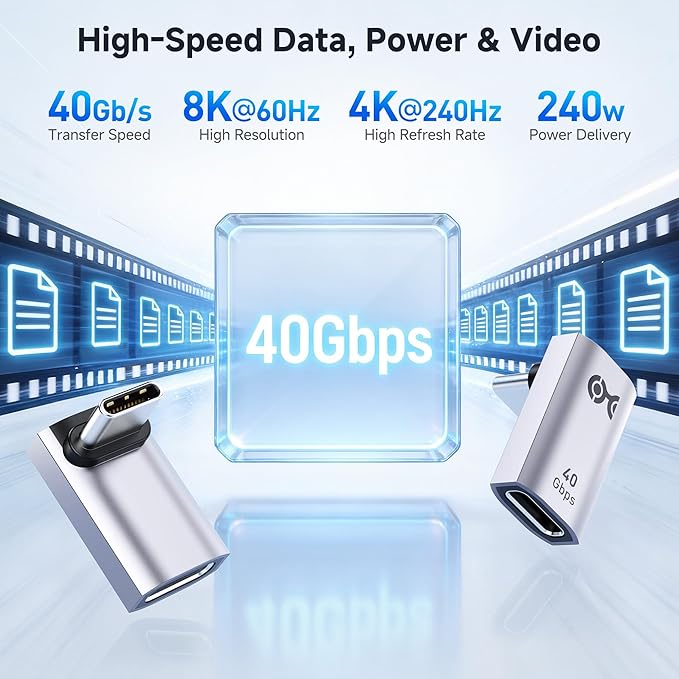 Cable Matters 2-Pack 40Gbps Right Angle USB C Adapter, Up to [4K@240Hz Video, 240W Charging, 40Gbps Data Transfer] 90 Degree USB C Adapter, Compatible with Thunderbolt 4, iPhone 16, Steam Deck