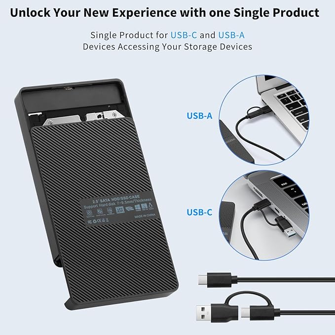 USB-C External Hard Drive Enclosure 2.5'' HDD SSD for sata - WEETOTUNG 6Gbps Tool-Free Case Compatible with UASP Drive - for 7mm 9.5mm Drive with MacBook WD Seagate PlayStation (Case Only)