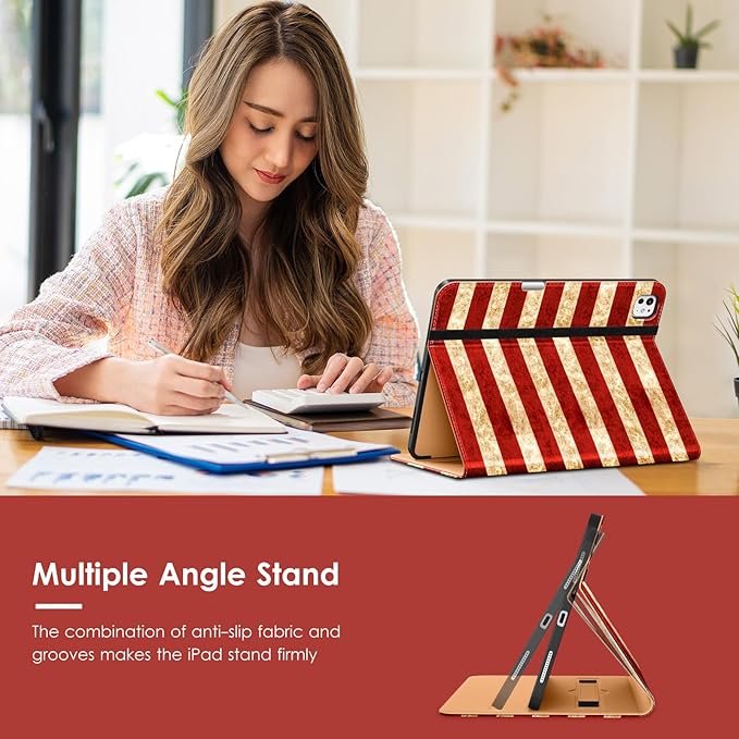 VIKESI Case for iPad Pro 13 (M4) 2024, Leather Stand Cover with Apple Pencil Holder, Auto Wake/Sleep, Multiple Viewing Angles, Built in Hand Strap & Pocket, US Flag