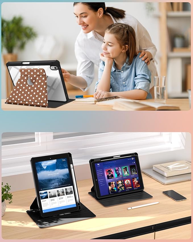 Uppuppy for iPad A16 Case for iPad 10th Generation Case 10.9 inch - 360 Degree Rotating Stand Folio Smart Cover with Pencil Holder for Women Girls, Brown Polka for Apple Tablet 10th 2022/11th 2025