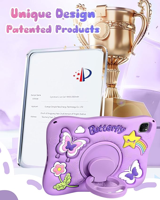 Kidcube for iPad Air 11 Inch Case M3 2025/M2 2024, Pro 11'' 4th/3rd/2nd/1st, Air 5th/4th Generation Case - Girls Cute Kawaii Girly 3D Purple Butterfly Design with Rotating Stand & Strap Silicone Cover