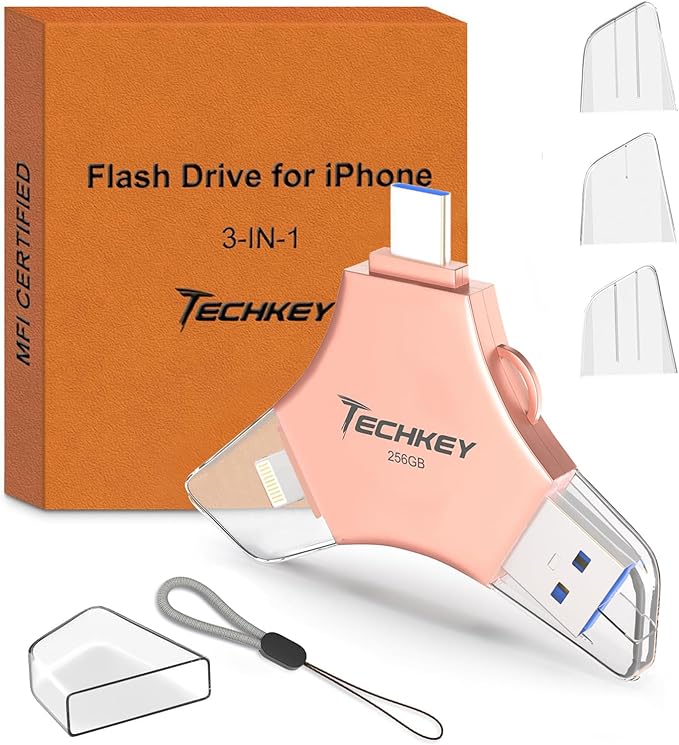 USB 3.0 Flash Drive for iPhone 256GB: MFi Certified 3in1 External Memory Photo Keeper Storage Stick for Picture/Video/Data Saver/Backup High Speed Thumb/Jump/Hard Drive USB Port Cards -Pink