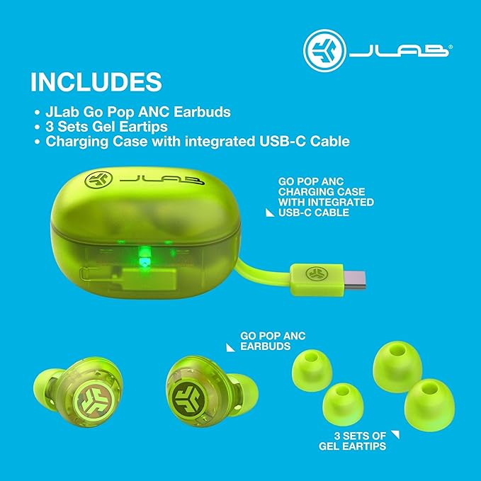 JLab, Go Pop ANC, True Wireless Earbuds, Active Noise Cancelling, Bluetooth Earbuds, Transparent Neon Green