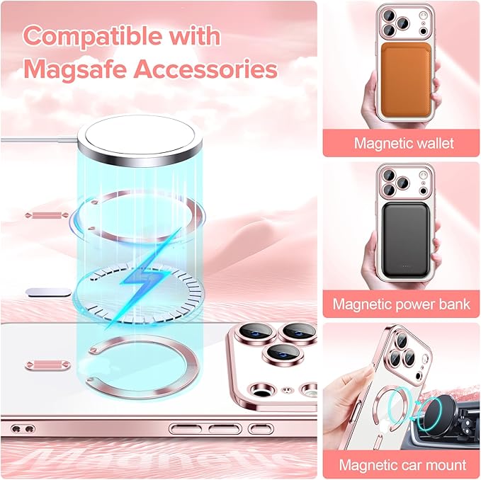 Hython Magnetic Clear for iPhone 17 Pro Case with Camera Lens Protector [Compatible with MagSafe] Luxury Plating Edge Slim Soft TPU Cover Protective Phone Case for iPhone 17 Pro 6.3", Pink