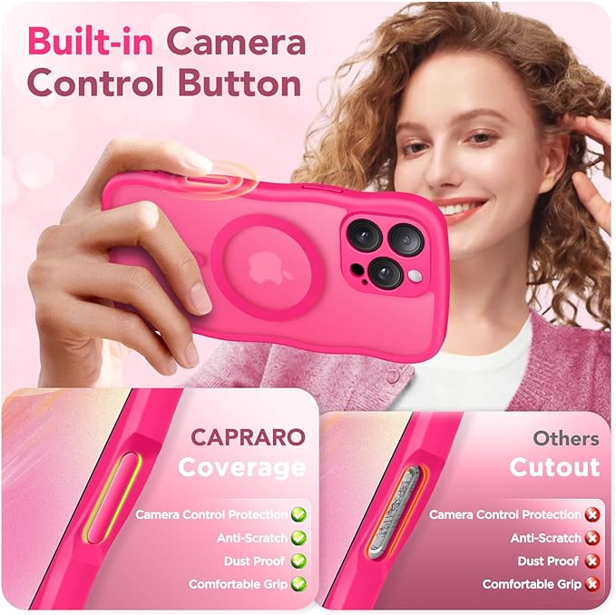 CAPRARO for iPhone 16 Pro Max Case for Women Girls, Upgraded [Full Camera Protection] [Compatible with MagSafe] Cute Wave Translucent Matte Phone Case for iPhone 16 Pro Max, Hot Pink