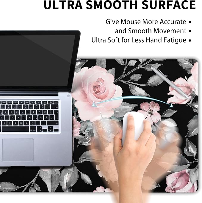 Floral Extended Gaming Mouse Pad Non-Slip Rubber Base Black Large Mousepad 35.4×15.7in with Stitched Edge Waterproof Pink Peony Flowers Pads Computer Black Desk Laptop Mats for Work Game/Office Home