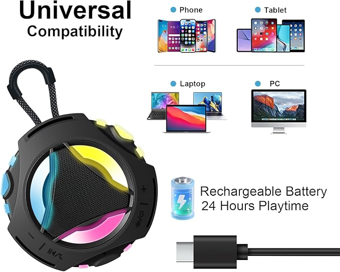 Bluetooth Shower Speaker Waterproof, Portable Bluetooth Speakers Wireless, Outdoor, Floating IPX7, Built-in Mic, 24H Playtime with LED Lights, Loud HD Sound, Powerful Bass, Gifts for Unisex - Black