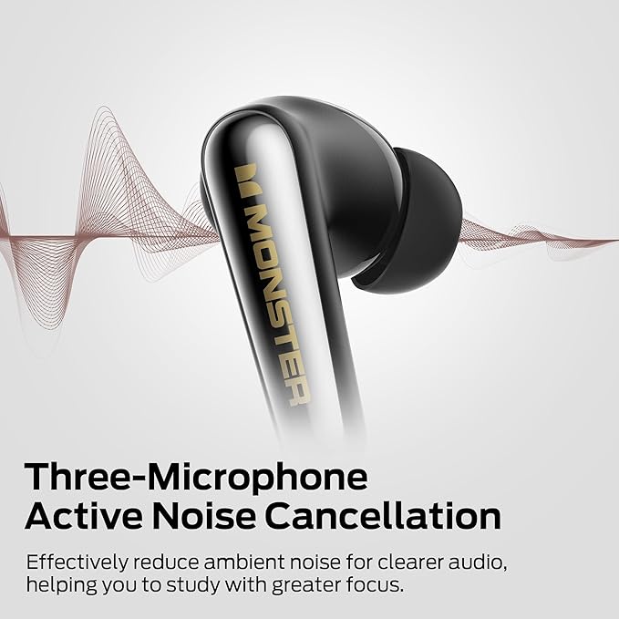 Monster Clarity 200 Wireless Earbuds – Bluetooth 6.0 in-Ear Headphones with Charging Case, Stereo Earphones Deep Bass Sound, Built-in Mic, Clear Call, ANC Noise Cancelling Mic, Up to 25 Hours Playtime