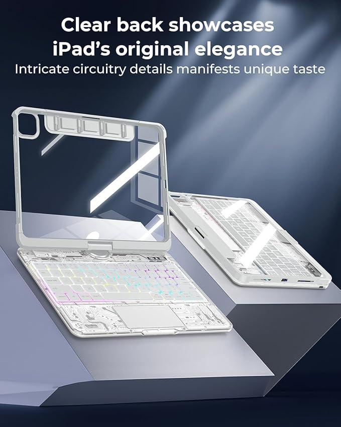 TSQQST Clear Wireless Keyboard Case for iPad Pro 13 Inch M5/M4 2025/2024 with Pencil Holder & Multi-Touch Trackpad, Visible PCB High-Tech Style, 3-Brightness & 7-Color Backlight, 360 Rotatable, White