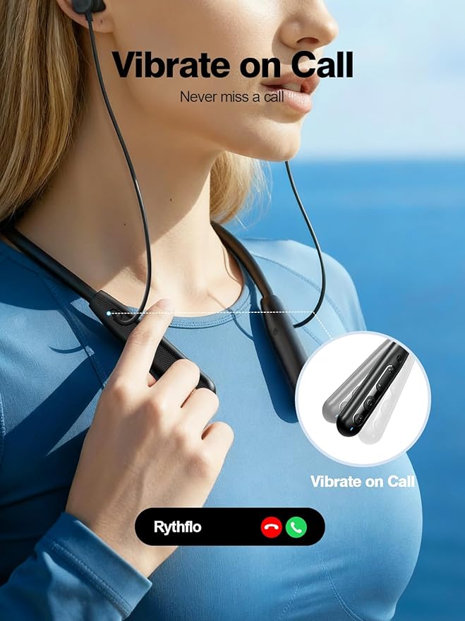 Rythflo Neckband Bluetooth Headphones, ENC IPX7 Sweatproof Sport Earbuds with AI-Enhanced Mic Vibration Call Alert, 50H Playtime Deep Bass Wireless Waterproof Earphones for Work Running Workout Gym