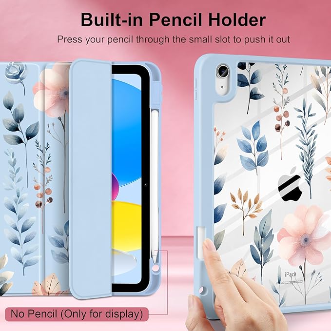 Case for iPad Air 13 inch 2026 M4 2025 M3 2024 M2 Release Slim Lightweight Shockproof Cute Blue Cover with Clear Back TPU Edge Pencil Holder Trifold Stand Auto Wake Sleep, Hand-Drawn Leaves