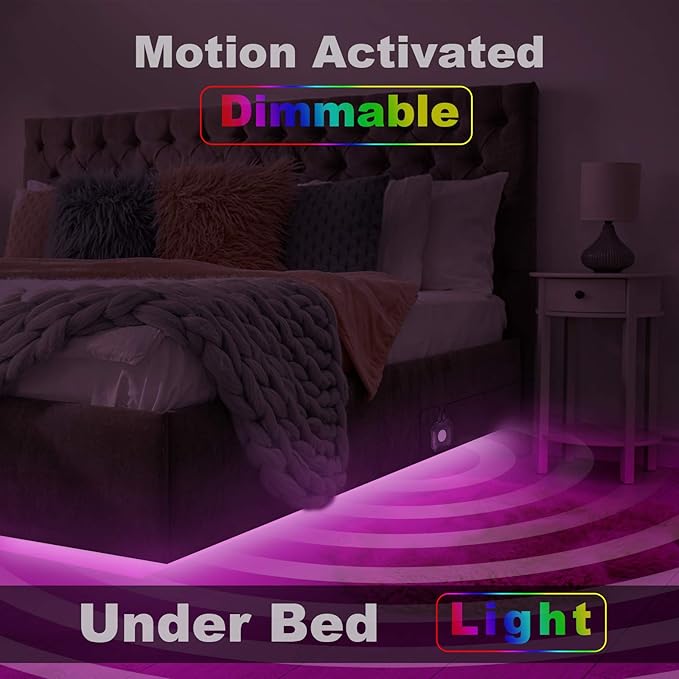Motion Activated Under Bed Lights,9.84FT App Control Dimmable Night RGB Led Strip Lights,Motion Sensor LED Light Strip with 5V USB, Variety Color Dynamic Modes Music Sync for Cabinet Bedroom Stairs
