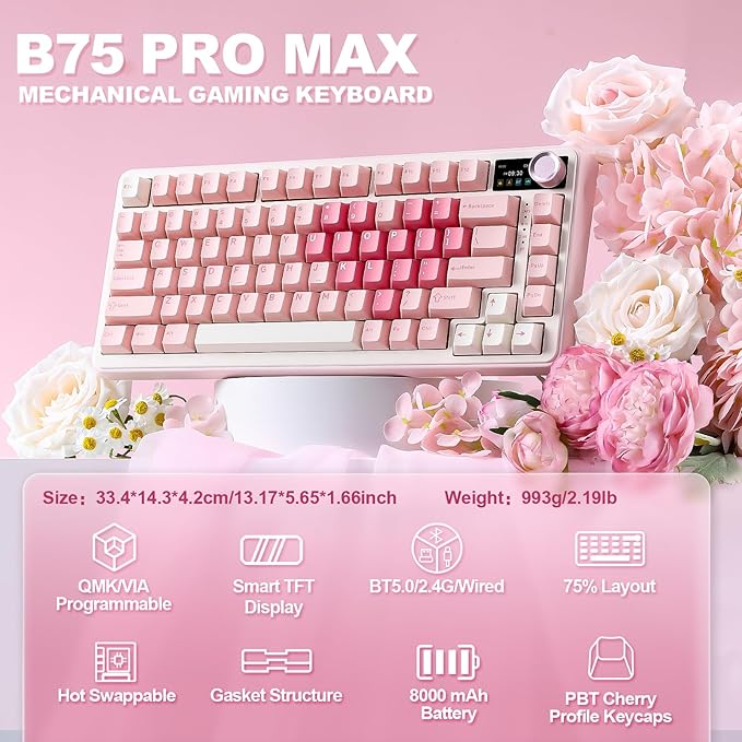 YUNZII B75 PRO MAX QMK/VIA Wireless Mechanical Keyboard,75% Layout with Screen and Knob,Hot Swap Gasket,Creamy Pre-lubed Switches,Bluetooth/Type-C/2.4G for Win/Mac (Pink Heart,Cocoa Cream V2 Switch)