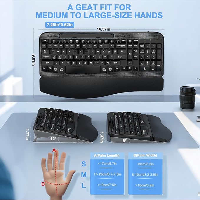 Ergonomic Wireless Keyboard with Cushioned Wrist Rest, Wave Keys, Phone Holder, Comfortable Natural Typing, 2.4GHz Full Size Cordless USB Computer Keyboard for Windows, Mac OS, Laptop, PC (Black)