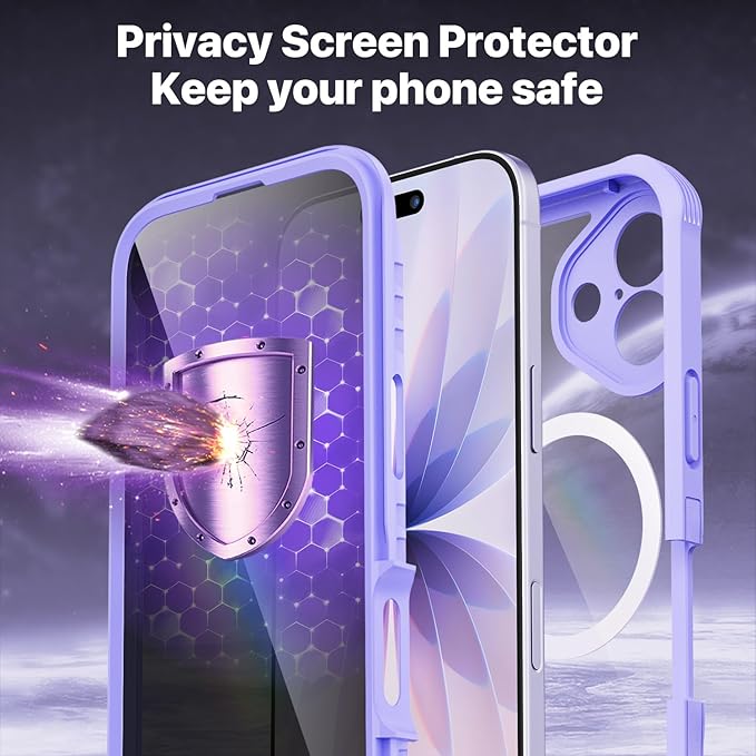 CENHUFO Magnetic Privacy for iPhone 17 Case [Compatible with Magsafe] Full Body Phone Case Built-in 9H Tempered Glass Screen Protector Camera Protection Shockproof Bumper Cover -Light Purple
