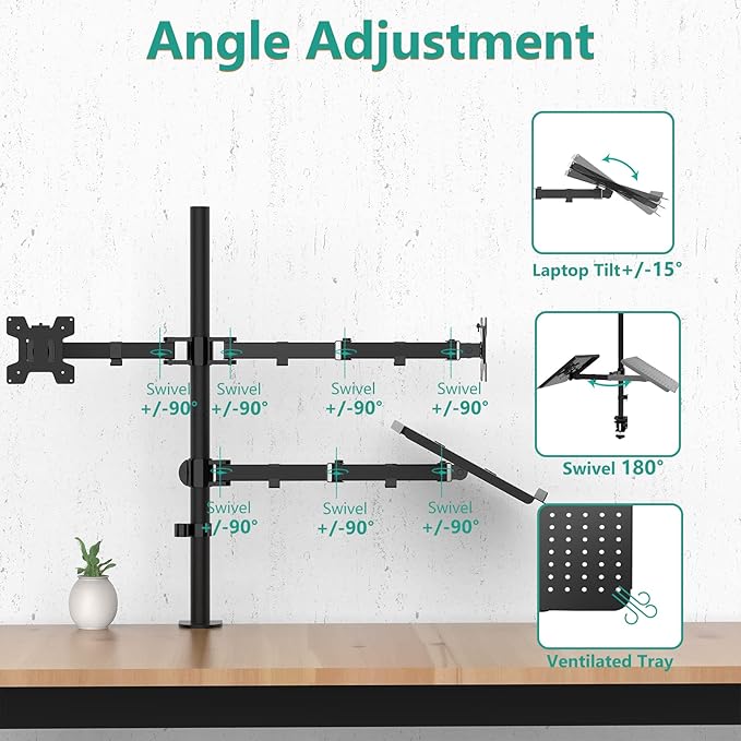 WALI Triple Arm Laptop and Dual Monitor Desk Mount for 17" Notebook and Up to 27" Screens, Extra Tall Adjustable Monitor Stand with Laptop Tray, VESA 75x75 100x100, Black (M002XLLP)