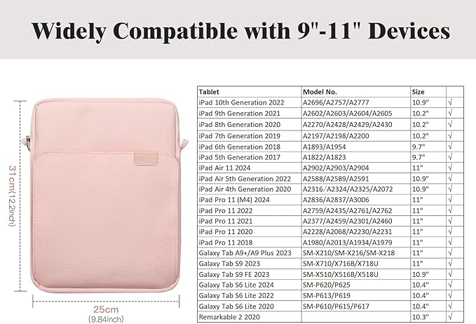 TiMOVO 9-11 Inch Tablet Sleeve Bag with Shoulder Strap for iPad 11-inch A16 2025, iPad 10th Gen. 10.9"/10.2", Galaxy Tab A9+/A11Plus 11", Pink