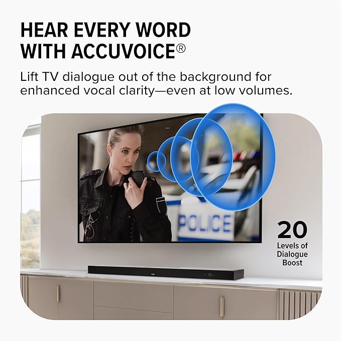 ZVOX AccuVoice AV855 Dialogue Clarifying Soundbar - Patented Hearing Technology with 20 Levels of Voice Boost, Dual Subwoofers, Low-Profile TV Speaker for Home Theater and Smart TV - Black