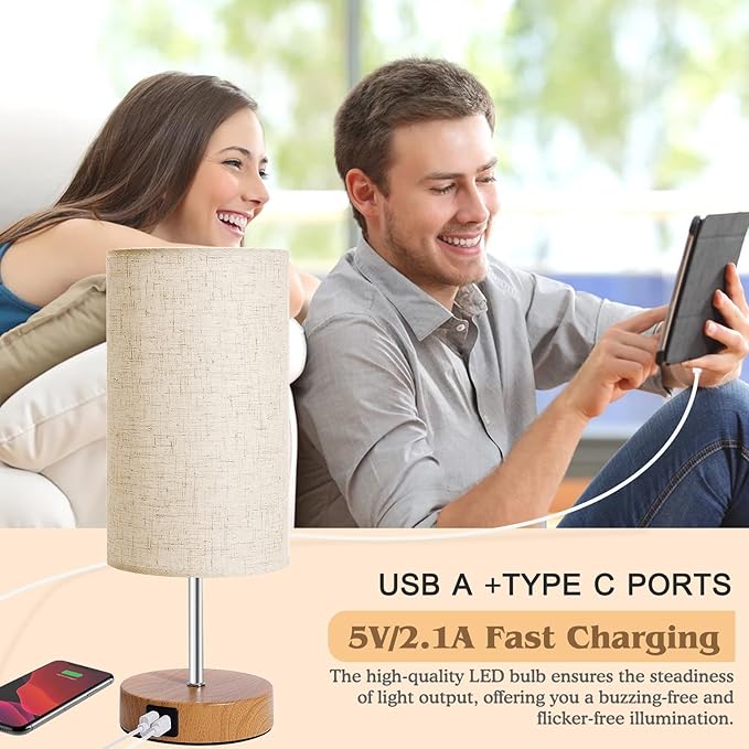 UNIFUN Touch Control Bedside Table Lamp with USB-C Charging Ports, 4-Way Dimmable Nightstand Lamp with Wood Base & Fabric Shade for Bedroom Living Room