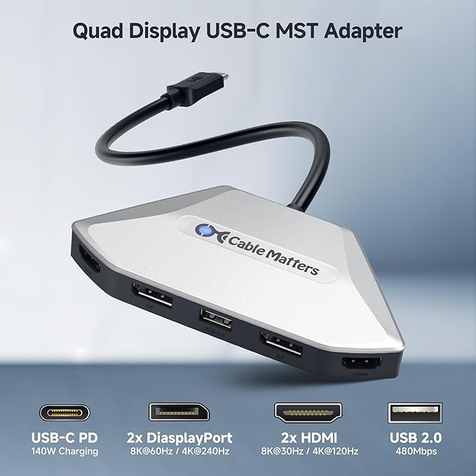 Cable Matters 4K Quad Display USB C MST Adapter, Windows Only, Supports Up to [8K@60Hz / 4X 4K@60Hz Video, 140W Charging], USB C Hub with 2X DisplayPort 2.1 and 2X HDMI 2.1, Thunderbolt 4/5 Compatible