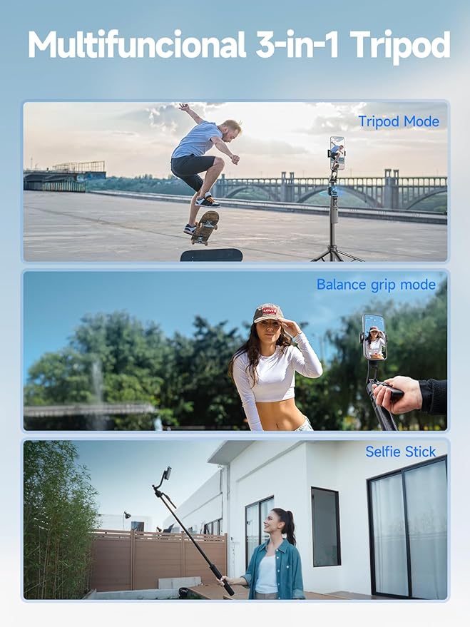 Rollei Auto Face Tracking Tripod, Smartphone Gimbal Stabilizer 64'' Selfie Stick Tripod Holder 360° Rotation for iPhone/Android Stand for Filming Streaming Tiktok Video Vlog
