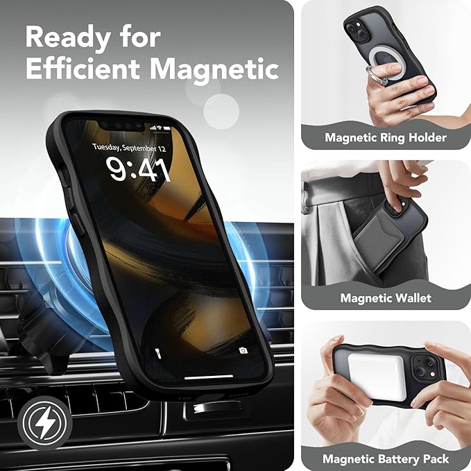 CAPRARO Cute for iPhone 13 Case & iPhone 14 Case, Compatible with MagSafe, [Curly Wave Edge] [Camera Protection] [14 FT Drop Protection] Magnetic for iPhone 13/14 6.1 Inch, Black