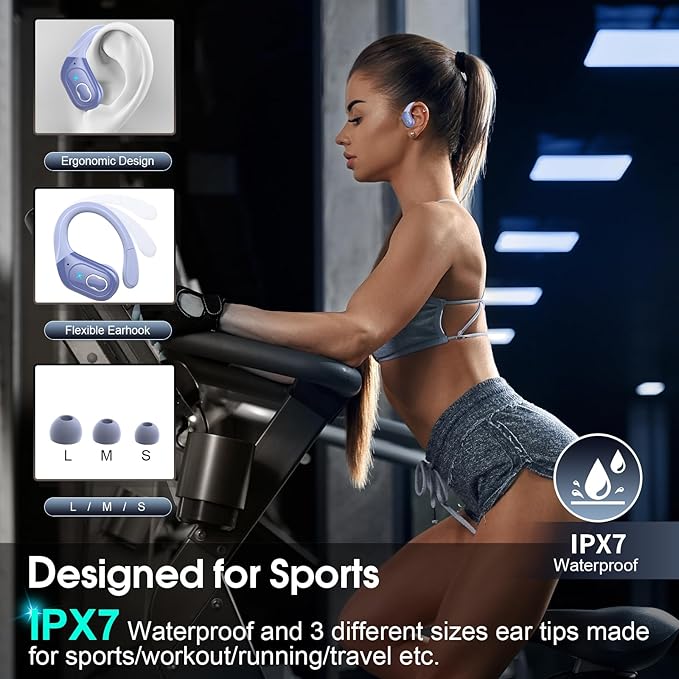 Wireless Earbuds 75hrs Bluetooth 5.4 Headphone Sport, 2026 Bluetooth Earbuds Hifi Stereo Over Ear Bud with Earhooks, ENC Noise Cancelling Mic, IPX7 Waterproof Earphone for Gym/Workout, Purple Blue