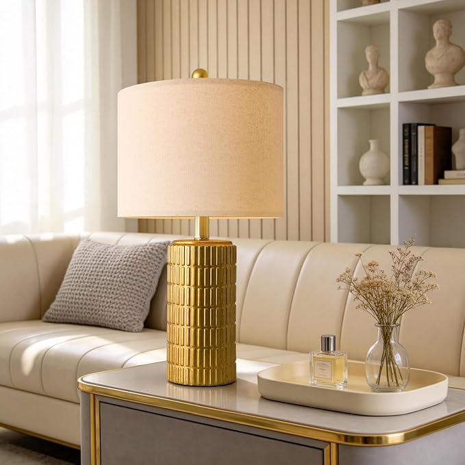 PoKat 20.75" Brass Gold Ceramic Table Lamps Set of 2 for Living Room, Small Retro Bedside Lamps for Bedroom, Nightstand Lamps for Home Decor, Vintage Bronze Decorative Lamp Sideboard Side Table Gifts