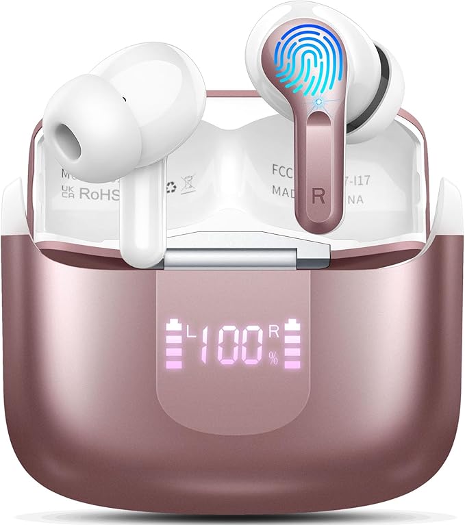 Wireless Earbuds, Bluetooth 5.3 Headphones 2025 NEW Ear Buds 40H Bass Stereo in-Ear Earphones ENC Noise Cancelling Earbuds with 4 HD Mic, USB-C LED Display IP7 Waterproof Sport Headset for Android iOS