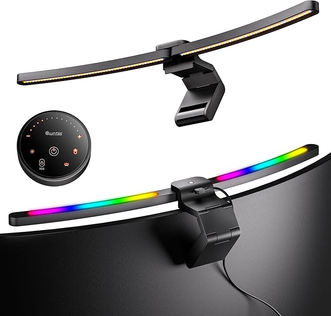 Quntis Curved Monitor Light Bar 15 RGB Backlight for 34"+ Screens, Computer Bar Lights Fold Dual Light with Color Temperature Brightness Stepless Dimming, No Glare Desk Lamp for Home Office Gaming