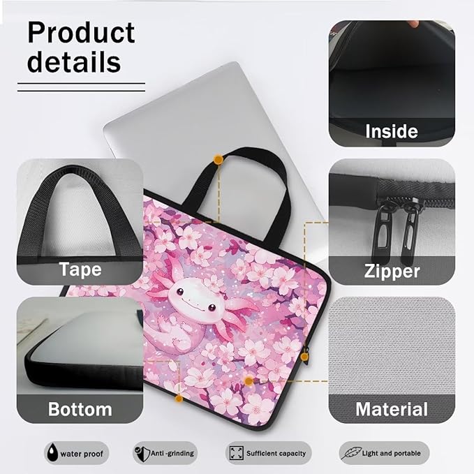 10-17 Inch Axolotl Cherry Blossom Laptop Sleeves for Women, Protective Tablet Carrying Case with Handle, Laptop Tote Bags Notebook Messenger Briefcase for Travel/Business/School