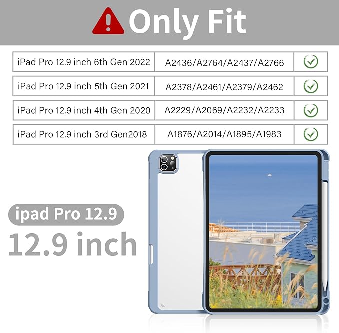 Case for iPad Pro 12.9 Inch (6th/5th/4th/3rd Generation 2022/2021/2020/2018) with Pencil Holder, Clear Transparent Back Shell Slim Stand Shockproof Tablet Cover, Auto Wake/Sleep, Blue