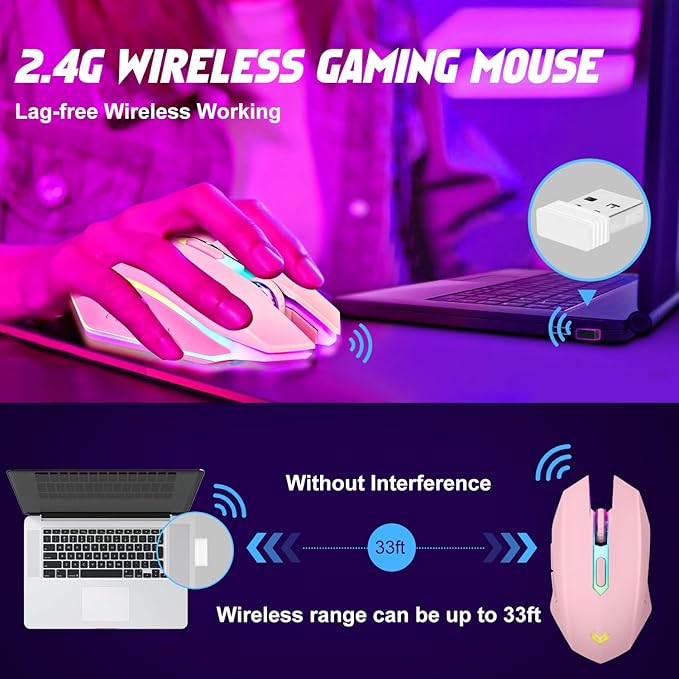 Wireless Gaming Mouse, Rechargeable Computer Mouse, 7-Color LED Light, Ergonomic Mouse with 6 Silent Click Buttons, 3 Adjustable 2400 DPI Wireless Mouse for Laptop,PC,Mac, Pink