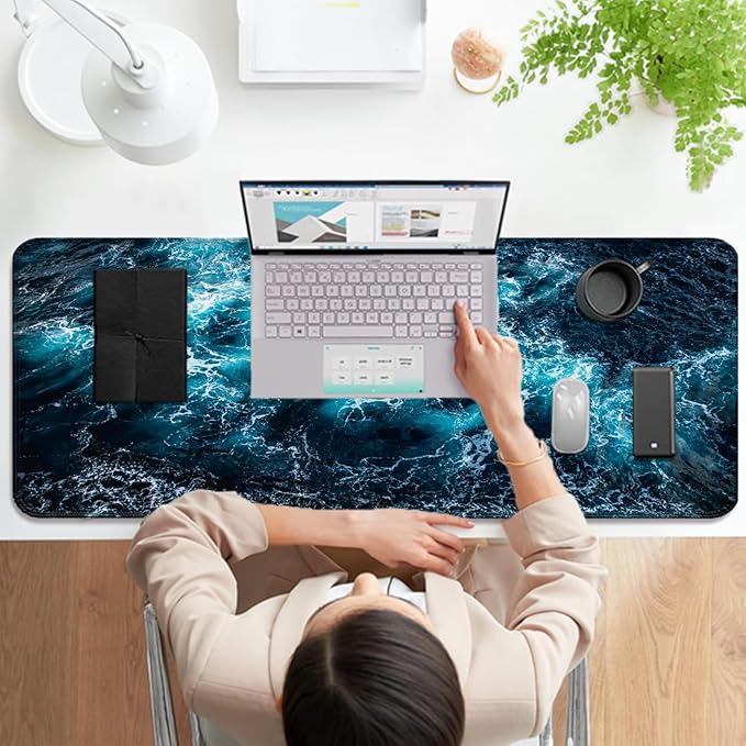 Beach Ocean Waves Gaming Desk Mat, Computer Keyboard Large Extended Sea Mouse Pad for Office and Home, 31.5×11.8 Inches, XL, Blue